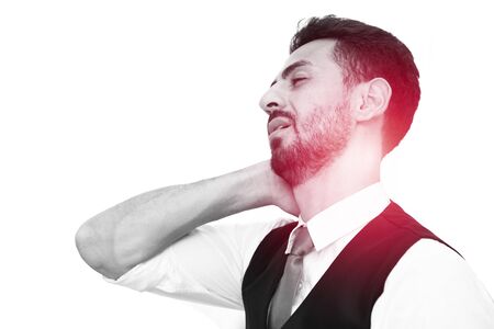 business man neck pain health problem from office working hard isolated on white backgroundの写真素材