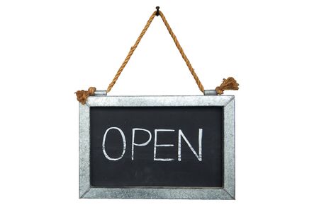 Rope Nail Hanger Board Open Close Hanging Signs or Door Knob Hang Tags isolated on white backgroundの写真素材