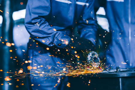 Closeup heavy steel worker using electric wheel grinding disc cuting metal plate in workplace danger...