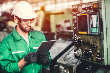 Green eco worker checking energy consumption engieer working in heavy industry factory with green...