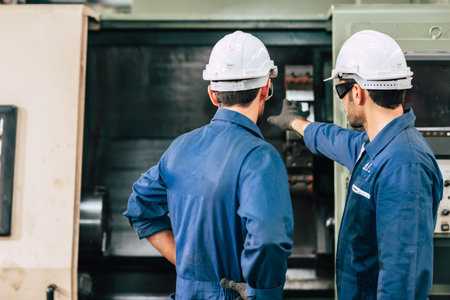 machine maintenance service engineer team working together teamwork in factory back view.の写真素材