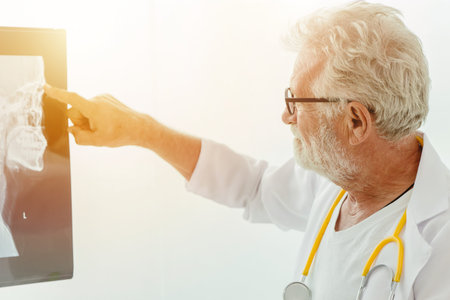 Professional elder doctor looking at x-ray film sheet to find abnormal lump in patient brain.