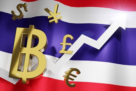 THB Thailand Baht Currency with Thai National Flag Money Exchange Rate Grow Rising Up Business Financial concept, 3D Rendering.の写真素材