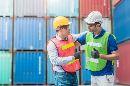 Teamwork of worker working good thumbs up together Happy smiling in Logistic segment container...