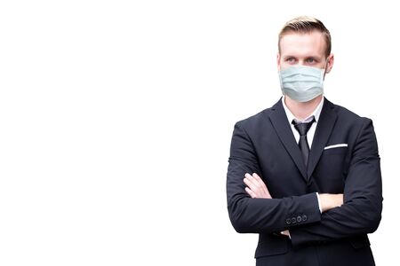 Business man standing wearing face shield or disposable face mask to help prevent Coronavirus(Covid-19) or Air dust pollution isolated on white background.の写真素材