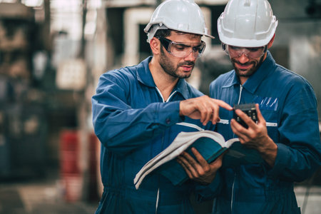 Engineer service team looking at machine service manual text book, Working together as teamwork in...