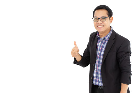 Asian businessman  thumbs up smiling posture isolated on white background.の写真素材