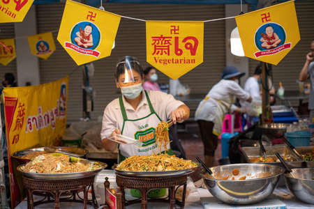 Vegetarian food festival (J Festival) at Yaowarat or Bangkok Chinatown road will decoration with yellow flag.18 October 2020, Bangkok,THAILAND.のeditorial素材