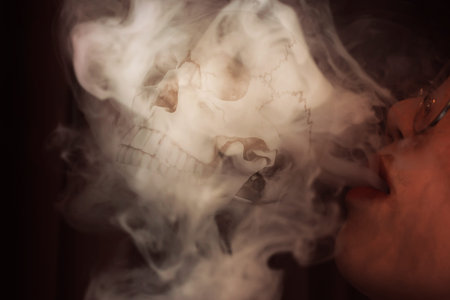 closeup woman smoking release smoke overlay with skull for death with lung cancer disease concept.