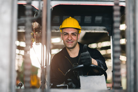 Caucasian russian worker happy smiling and driving forklift car in cargo logistic shipping industry...
