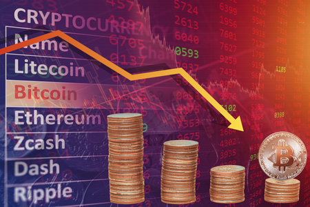 Bitcoin price drop from market price down turn conceptの写真素材
