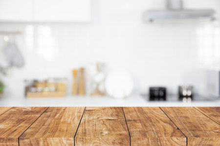 modern kitchen room with wooden table island blank space for products montage advertising backgroundの写真素材