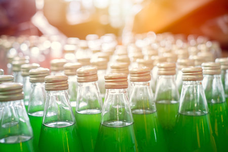 Sweet sugar beverage drink green colored in glass bottle in factory