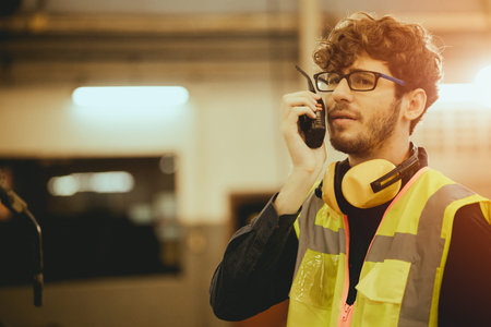 Young worker man using radio control communication in factory