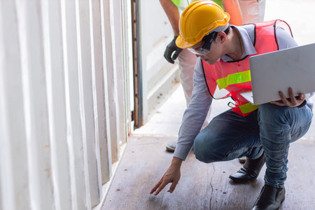 Asian Engineer checking floor strength condition of cargo container interior for safety according to...