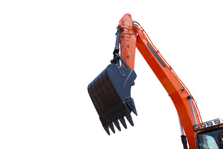 Excavators arm boom bucket truck clean new isolated on white background with clipping path