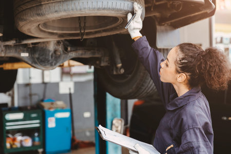 Woman garage worker maintenance checklist at automobile service center, Female in auto mechanic car...