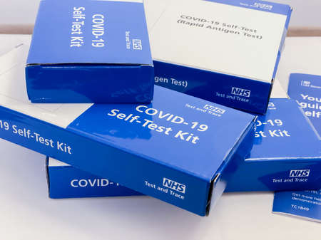 Free NHS COVID-19 Self Test for Kids and family in UK, The UK government distributed Corona virus swab rapid antigen test kit set for home testing adults and children. 14 April 2021, United Kingdom.のeditorial素材