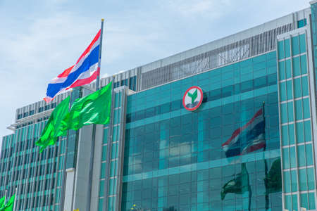 Kasikornbank also known as Kasikorn Bank or KBank Largest banking and financial group in Thailand as Thai Farmers Bank HQ office building in Muangthong Thani. 7 September 2018, Bangkok Thailand.のeditorial素材
