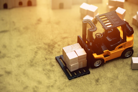 small model of forklift car working moving goods cargo for transport shipping and inventory business...
