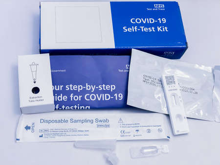 Free NHS COVID-19 Self Test for Kids and family in UK, The UK government distributed Corona virus swab rapid antigen test kit set for home testing adults and children. 14 April 2021, United Kingdom.のeditorial素材