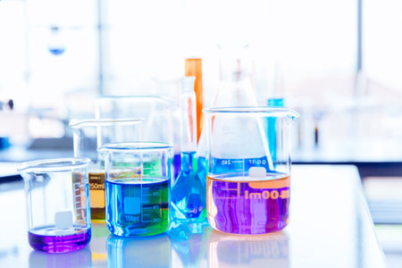 Colorful mix chemical in science glassware flask at lab science. beautiful chemistry laboratory...