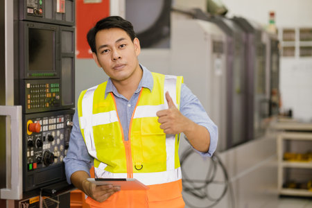 Portrait smart Asian adult professional engineer worker in factory industry CNC operator standing...