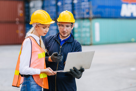 Logistic shipping worker team work working in shipping port cargo containers for export and import...