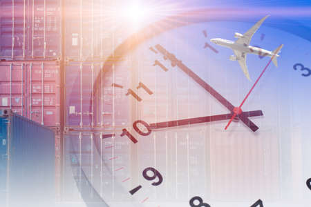 Shipping logistic times. Air transport with Cargo port Container overlay with alarm clock working hours concept background.の写真素材