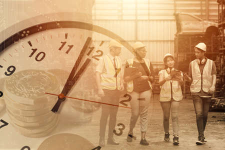 worker working times, working hours of labor indutry factory time concept.の写真素材