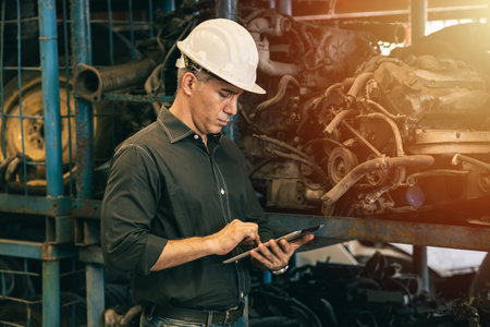 Professional adult Engineer male attending duty work in factory working checking stock inventory...