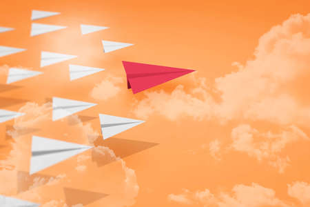 3D Illustration Group of Paper plane with red color team head for business company successful with good leader go forward concept.の写真素材