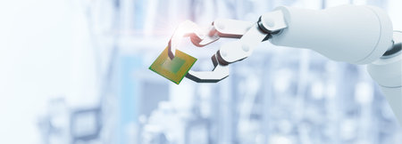Robot arm handle Computer Microprocessor chip for advance technology production business in modern...