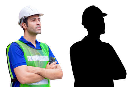 engineer industry worker male standing arm crossed half body isolated on white background with alpha channel shadow.の写真素材