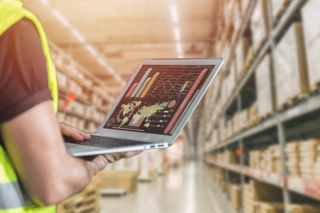 Cargo staff using computer laptop to monitor distribution flow control inventory products warehouse...
