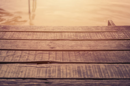 wooden waterfront old wood planks pier at river background blank spaceの写真素材
