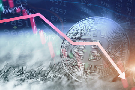 Bitcoin or Cryptocurrency down price breaking new low drop value market crash graphic concept