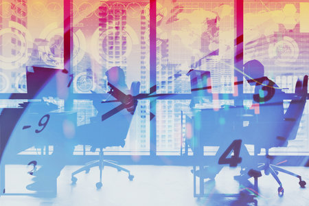 Businessman at office overlay time clock for business times and working hours conceptの写真素材