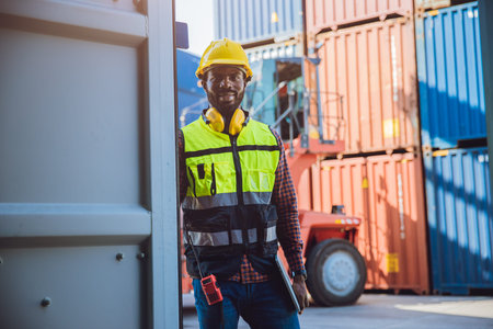 Portrait custom staff worker happy smile working in cargo shipping logistic port.