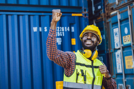 African Black staff worker happy smile rising hand to fight in cargo shipping logistic port.の写真素材