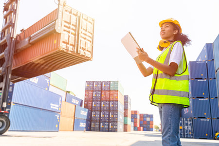 young teen women happy staff worker enjoy working container loading in logistic port industryの写真素材