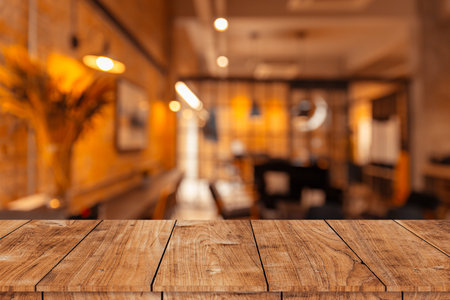 modern luxury office coffee shop or cafe restaurant with wooden table top for products montage...