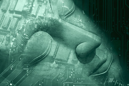 AI Digital computer science technology inside people concept. Human being face overlay with silicon chip and electric circuit for futuristic art.の写真素材