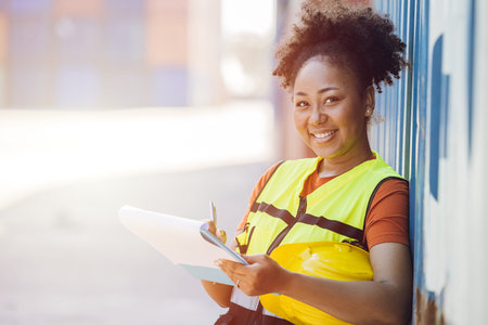 happy teen women worker smiling work in cargo port logistic industry