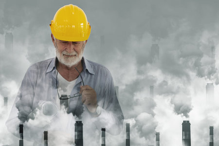 Engineer man overlay with factory chimney release smoke dust to air pollution problem.