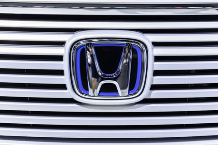 HONDA Motor factory brand logo closeup sign front of car in Motor expo or Motor show exhibition,...