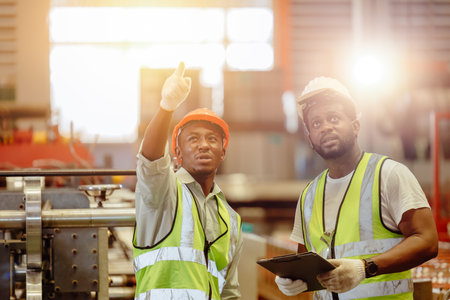 Black worker, Engineer team working helping together in metal factory heavy industry.