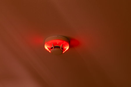 smoke detector fire alarm setup mount at condominium or apartment room ceiling activated red light
