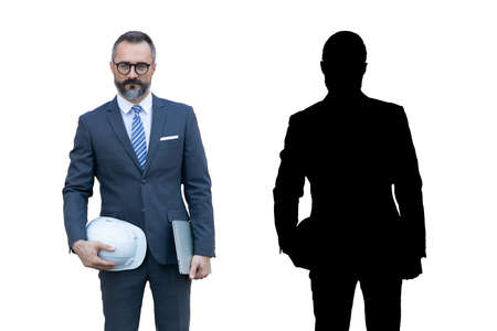 portrait senior engineer businessman hispanic latin isolated on white backgroundの写真素材