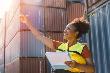 African teen black woman staff worker work check stock inventory in port cargo shipping portait...